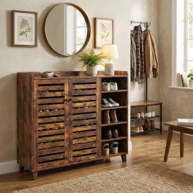 Shoe cabinet with 2 doors, 5 open compartments, and a tabletop with a back panel; made of MDF; 116*35.5*107cm; weathered wood color