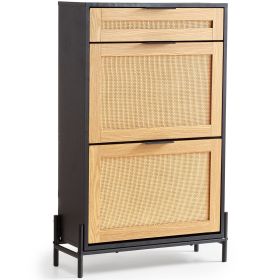Rattan Shoe Cabinet, Narrow Shoe Storage Organizer with 2 Flip Rattan Drawers & 1 Slide Drawer, Metal Legs