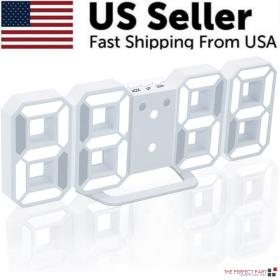 Digital 3D LED Big Wall Desk Alarm Clock Snooze 12/24 Hours Auto Brightness USB (Color: White)