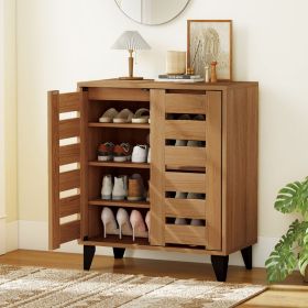 4-Tier Farmhouse Shoe Organizer with Louvered Door (Color: Natural)