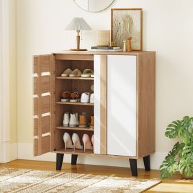 4-Tier Farmhouse Shoe Organizer with Louvered Door (Color: Natural & White)