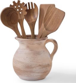 Rustic Kitchen Utensil Holder - 7.6 Inch Ceramic Utensil Crock for Countertop, Vintage Kitchen Counter Decor (Finish Type: Textured)