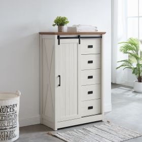 5 Drawers Dresser w/Sliding Barn Door, Farmhouse Modern Tall Dresser 5 Chest of Drawers, Storage Organizer Dresser for Bedroom, Hallway, Living R (Color: White, Material: MDF+Metal)